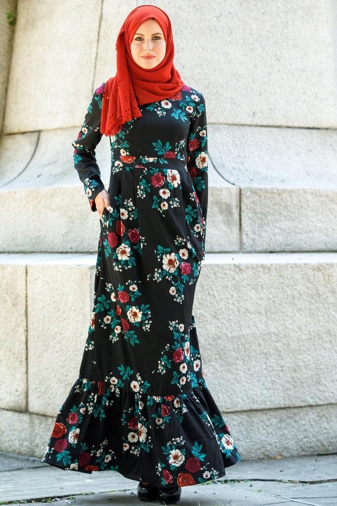 Flowery Gown with Red Scarf