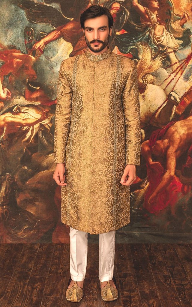 Front Embroided Gold Sherwani