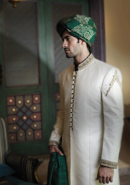 White With Green Turban Sherwani