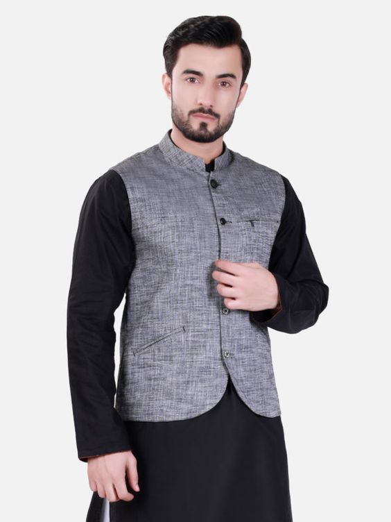 ethnic black shalwar kameez with grey shaded waistcoat